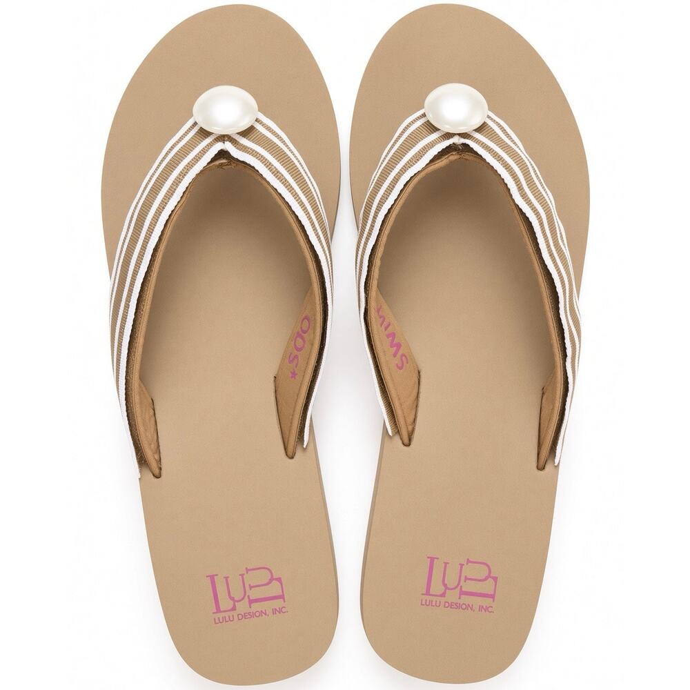 •  Y2K Switchflops Tan Striped Pearl Wedges Sz 9 - Picture 2 of 6